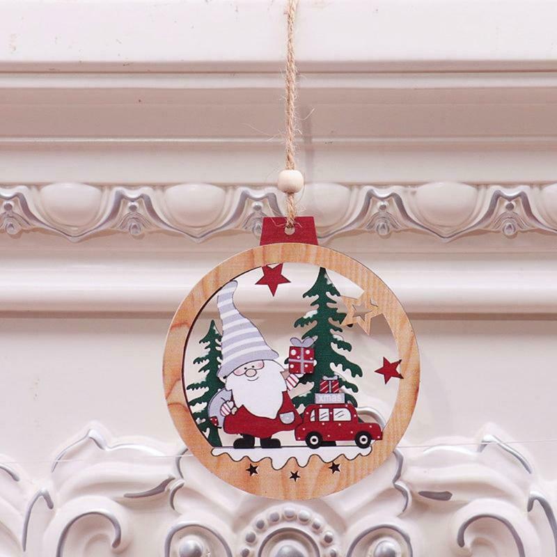 2pcs Christmas Car Gnome Santa Wooden Round Hanging Pendant Cartoon Santa Xmas