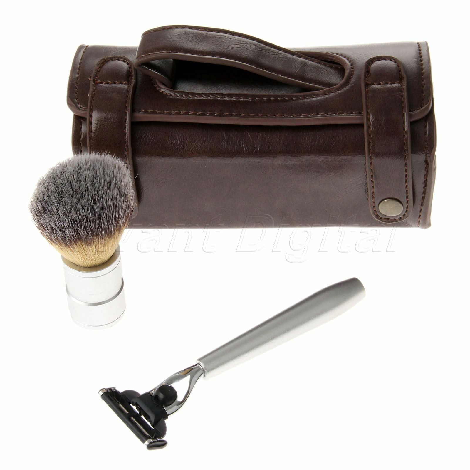 3 in 1 Men's Shaving Razor & Badger Hair Brush + PU Leather Case Bag Travel Use