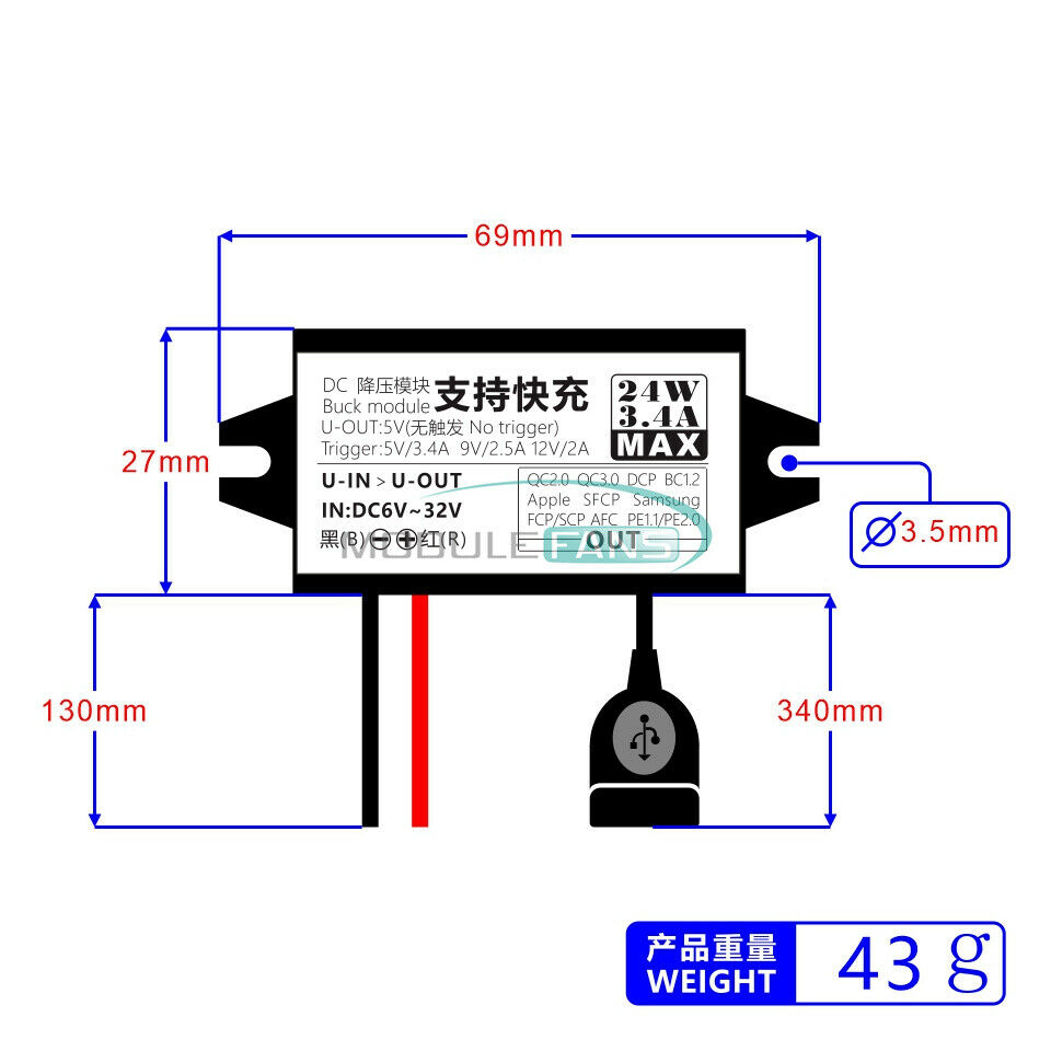 DC 12V 24V to QC2.0 3.0 Fast Charging Waterproof Buck Step down Power Supply 24W