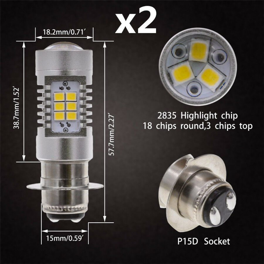 Pair P15D H6M Motorcycle Headlight DRL LED Fog Light Bulbs 6000K Xenon White 12V