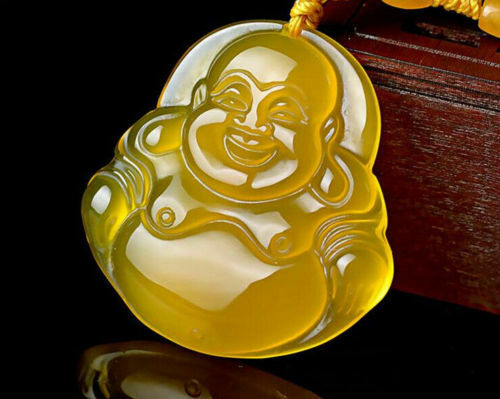 Beautiful Natural Hand-carved Yellow Agate Maitreya Buddha Chalcedony Pendant