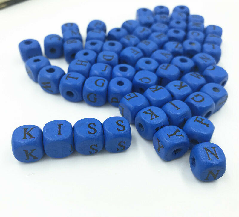 50X Royal blue Wood Spacer Beads Alphabet Cube Mixed For jewelry Making 10x10mm