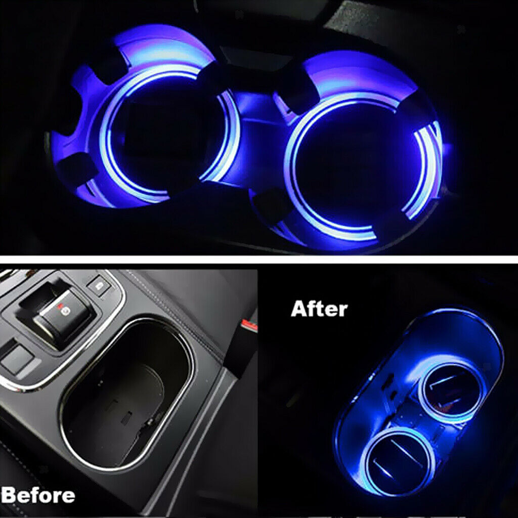 1 Pair Solar Car Cup Holder Bottom Pad LED Light Cover Trim Atmosphere Lamp