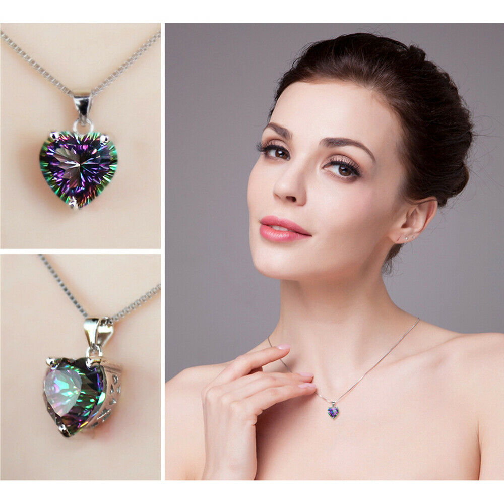 Rainbow Crystal Love Heart Angel Wings Pendant Women Necklace Jewelry Gift UK