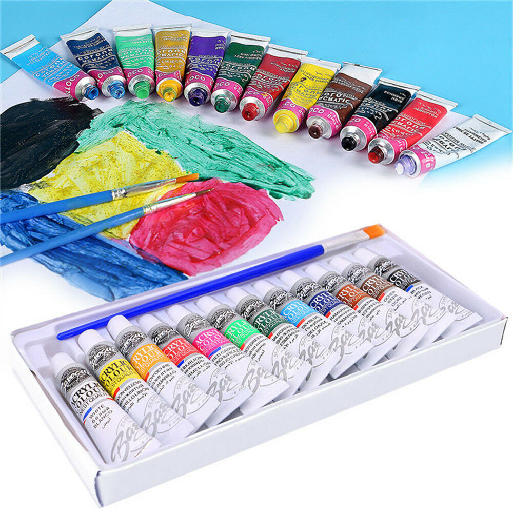 12 Color Acrylic Paint Set 6ml Tubes Artist Draw Painting Pigment With Brush Set