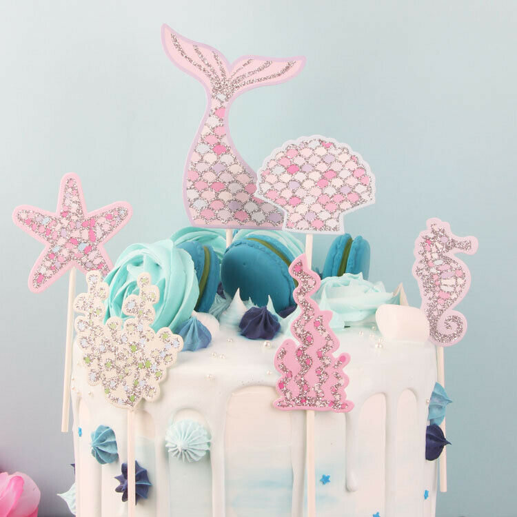 1 Set Mermaid Seashell Cake Topper Glitter Wedding Birthday Party Decor Supplies