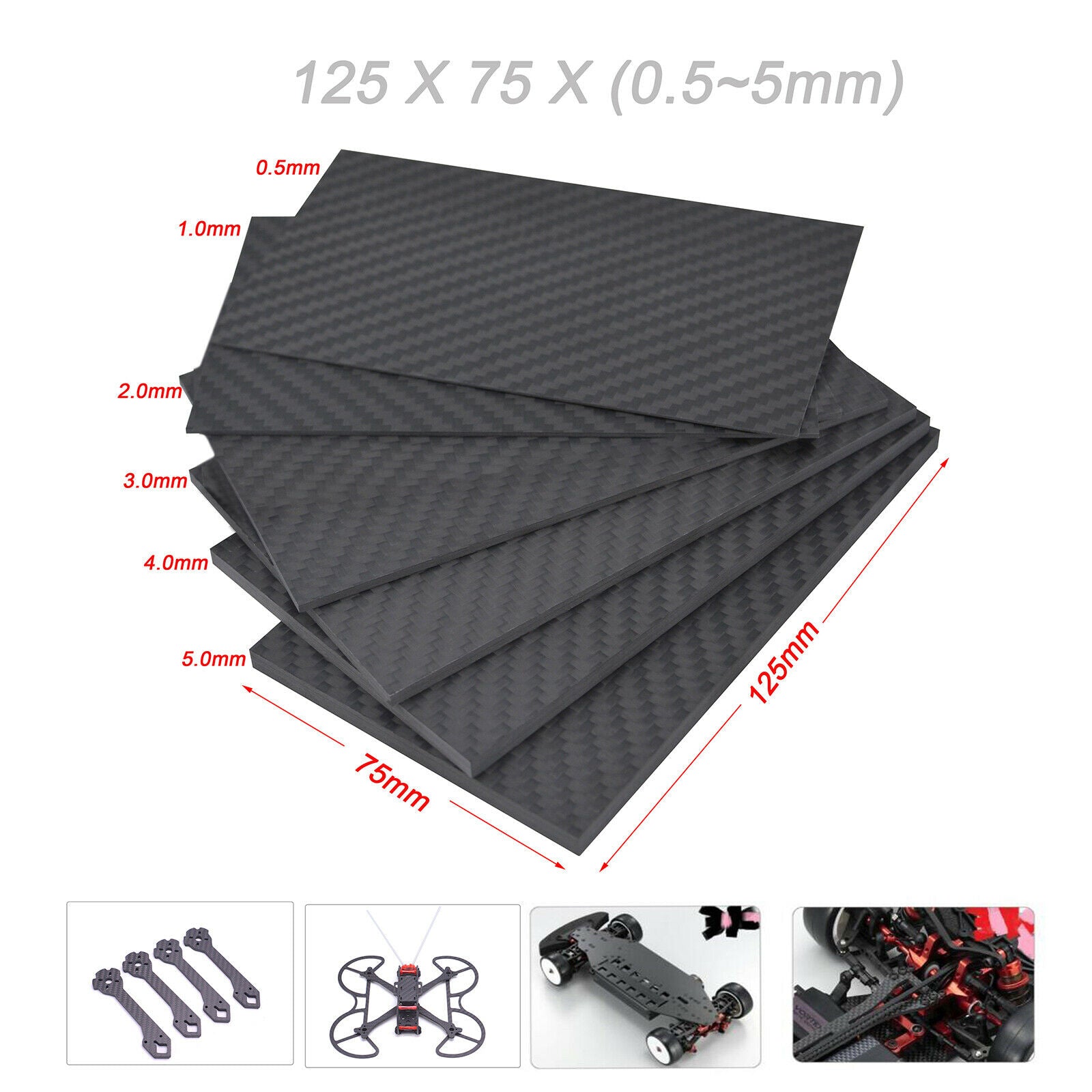 2X 125mm X 75mm Carbon Fiber Plate Sheet for Racing Drone 125x75x0.5mm