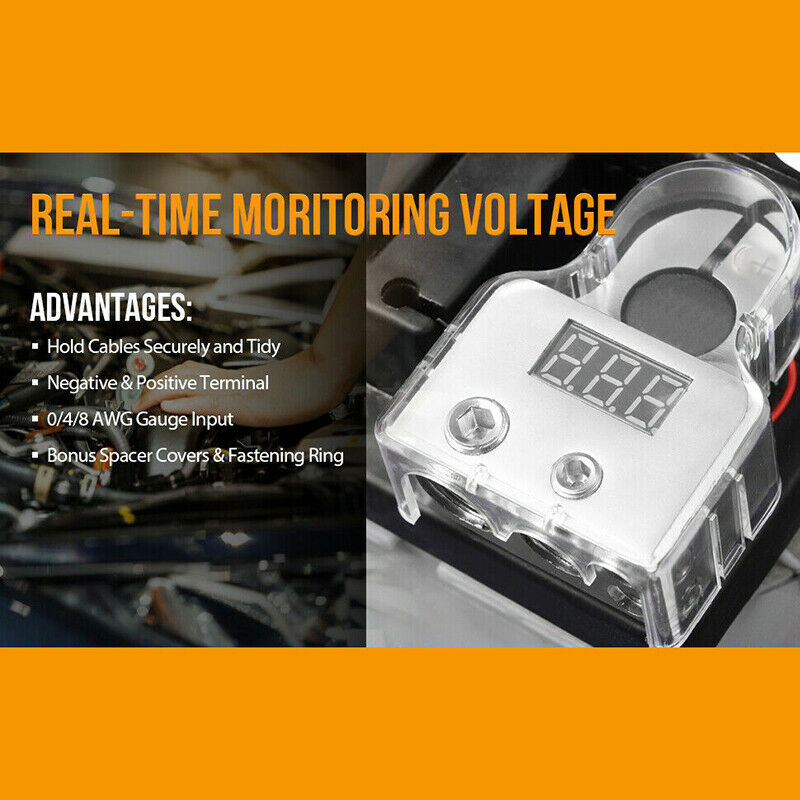 2pcs Digital Car Battery Terminal Connector + Voltmeter 0/4/8 AWG Power Post Kit