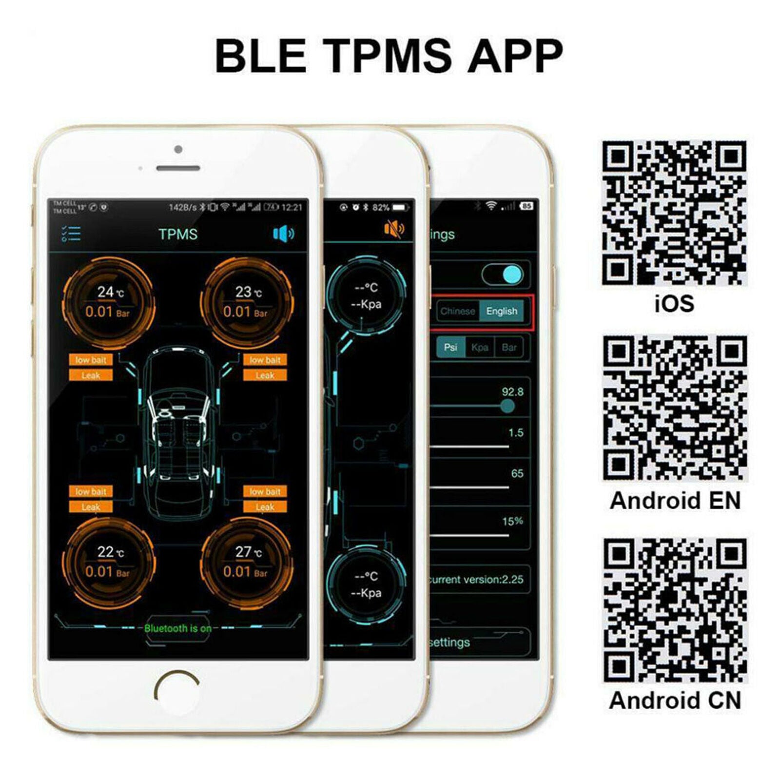 Car Bluetooth TPMS Monitor Alarm System For Andriod IOS Tire Pressure 4 Sensors