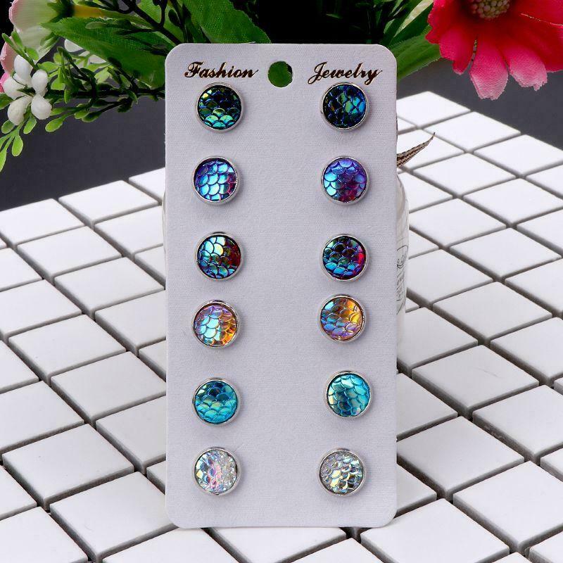 6 Pairs Beauty Fish Scale Round Crystal Assorted Stud Earrings Set Women Jewelry