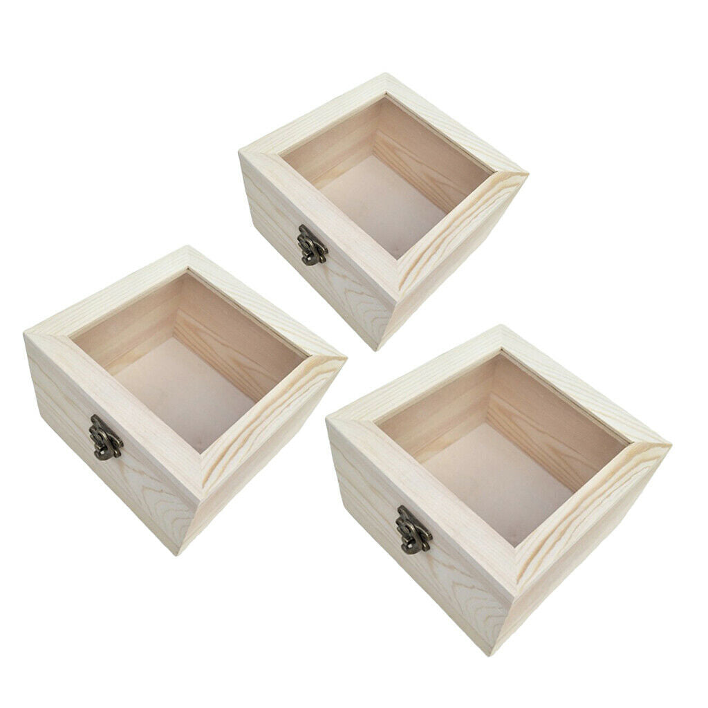 3Pcs Natural Plain Wooden Box Unpainted Lockable Wood Storage Case Glass Top Lid