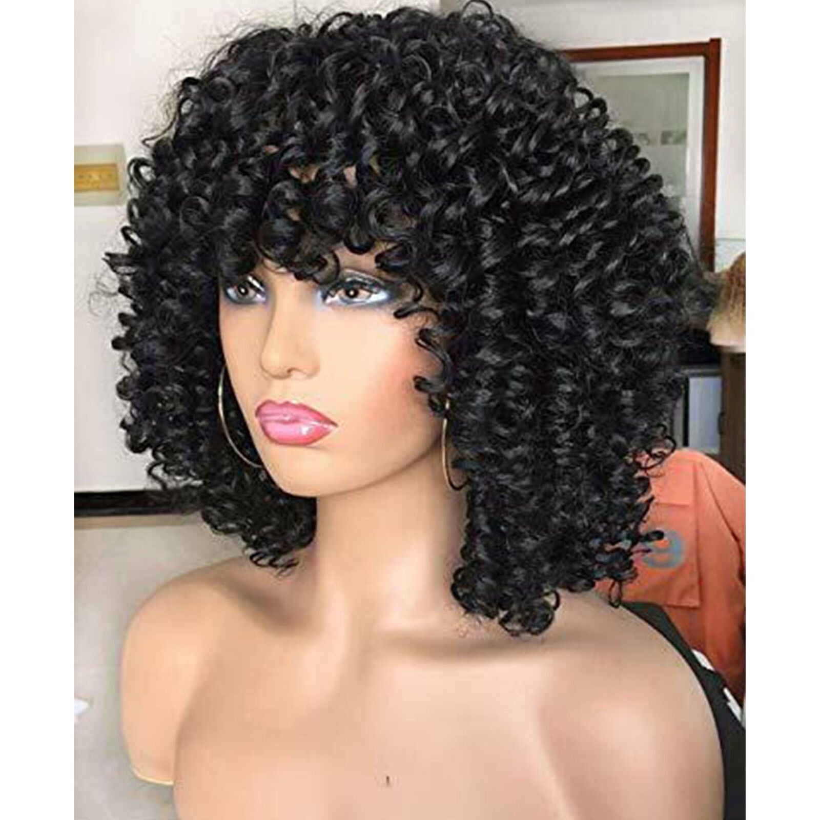 Women Curly Afro Wig with Bangs Short Kinky Curly Wigs for Black Women black
