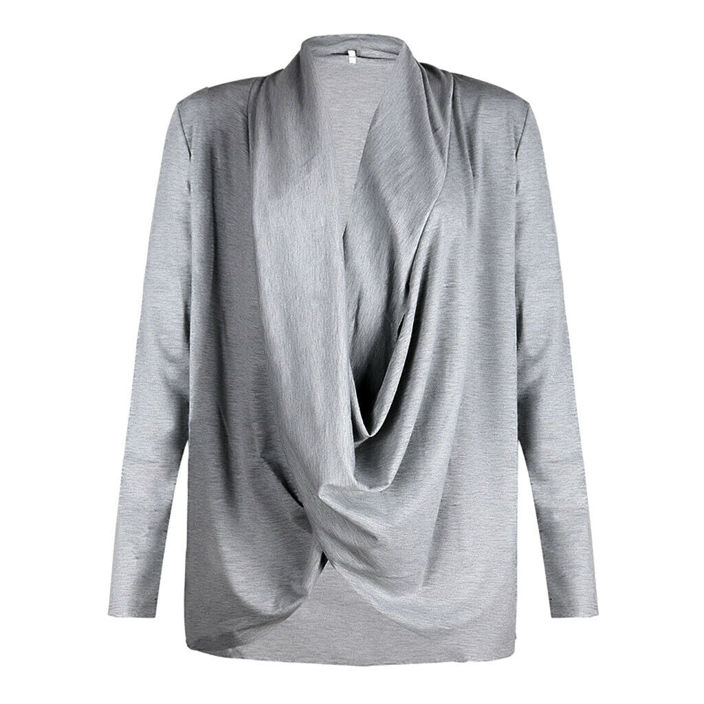 Women Long Sleeve Irregular Pile Collar Loose Pullover Shirt Gray M