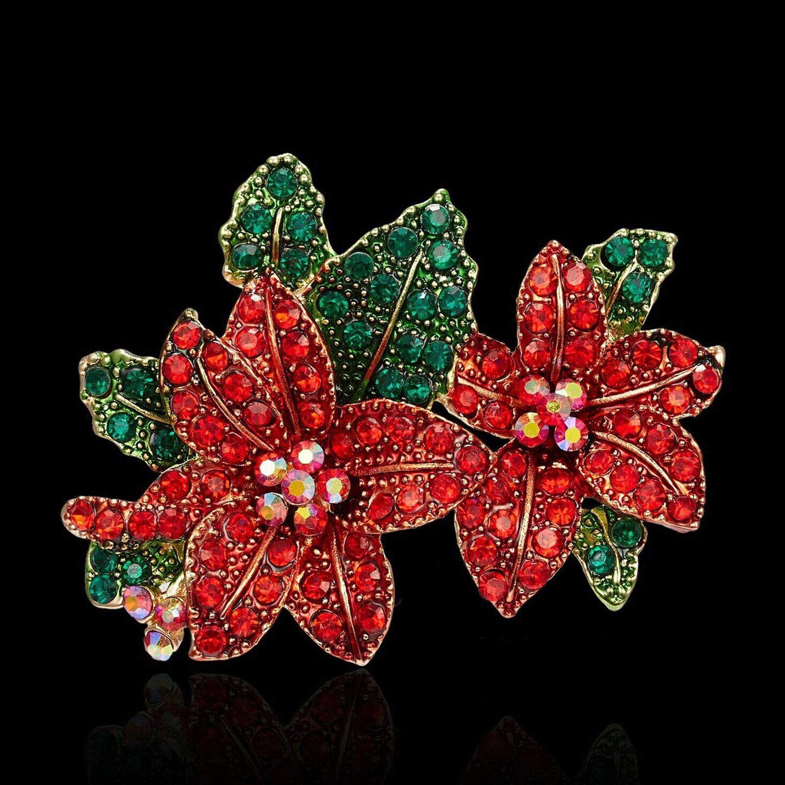 Deluxe Handcrafted Rhinestone Poinsettias Christmas Brooch PinNew