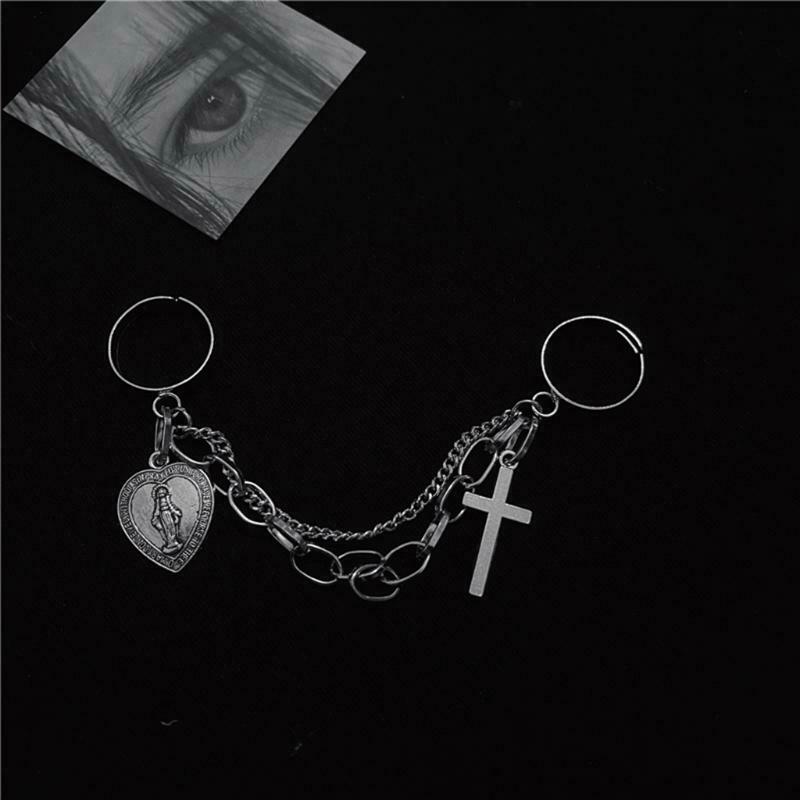 Retro Adjustable Chain Jesus Pendant Ring Alloy Cross Open Rings Hip Hop Jewelry