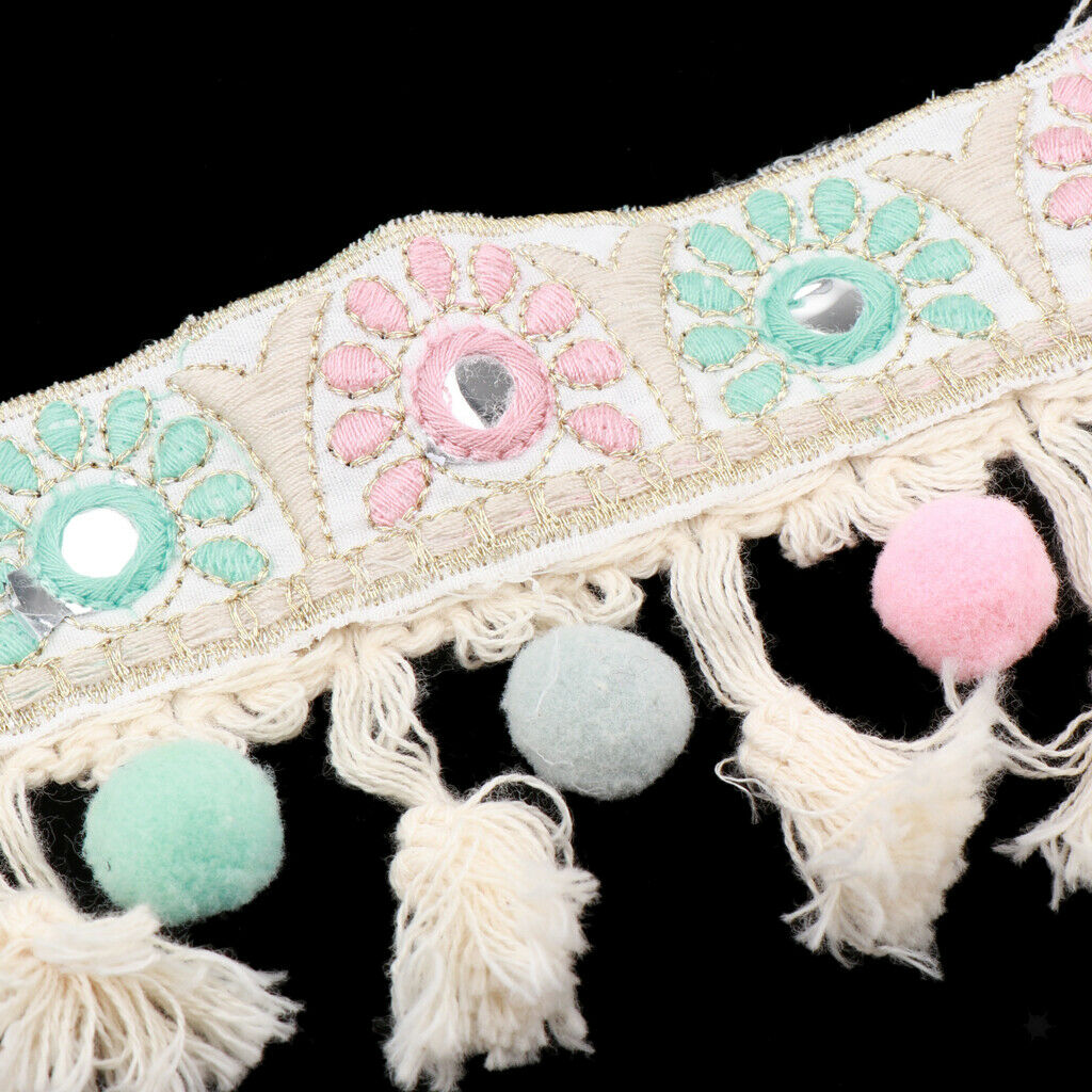 1 Yd Ethnic Style Fringe Tassel Braid Jacquard Ribbon Trim with Pompom Ball