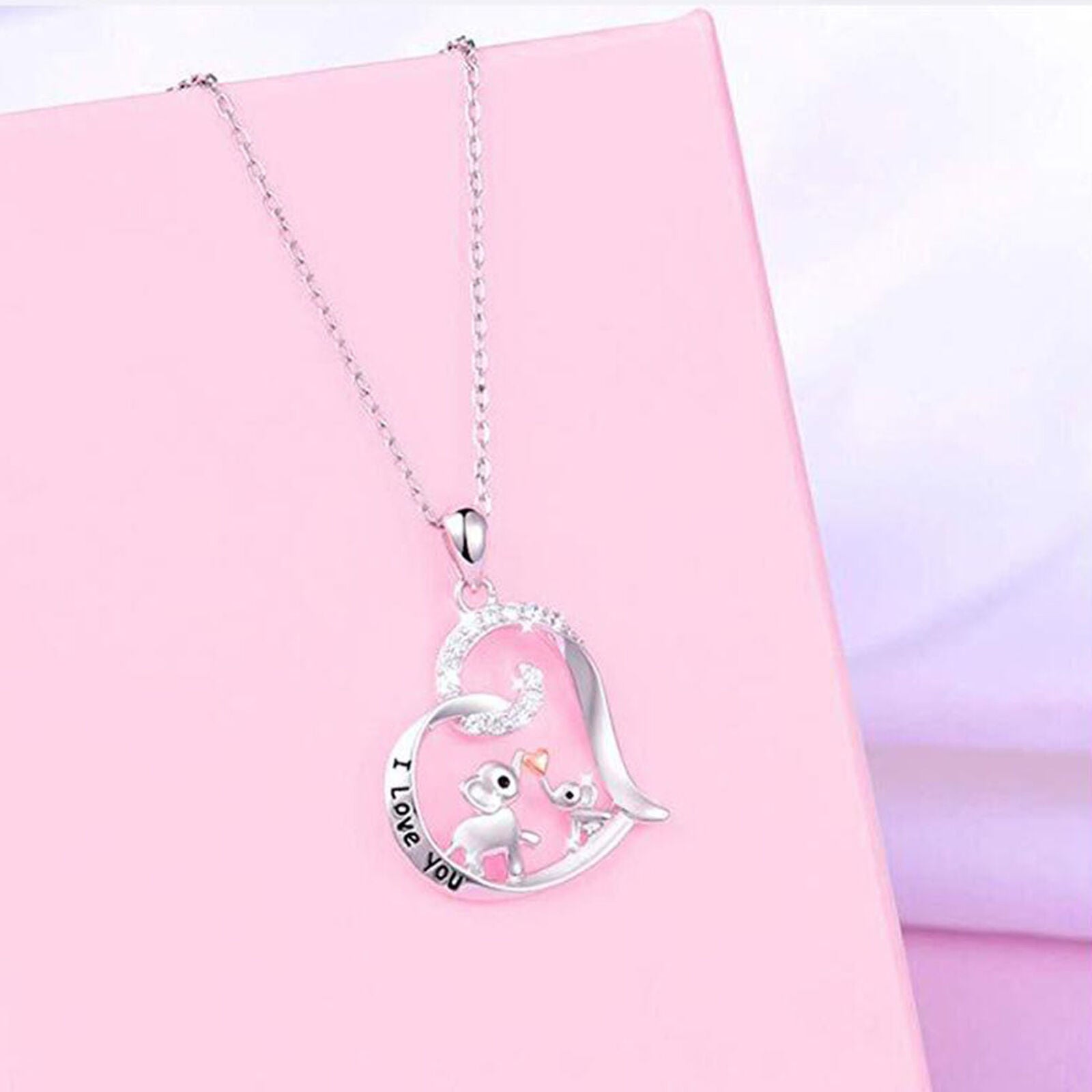 Women Pendant Rhinestone Heart-Shaped I Love You Baby Elephant Kiss Necklace