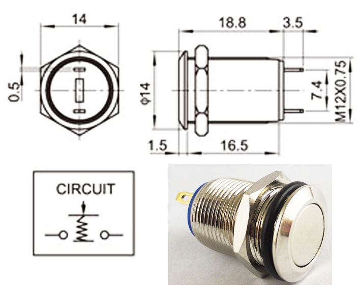 5x Metal Flat Push Button Momentary Horn Waterproof Resetable Switch 12mm QN12B1
