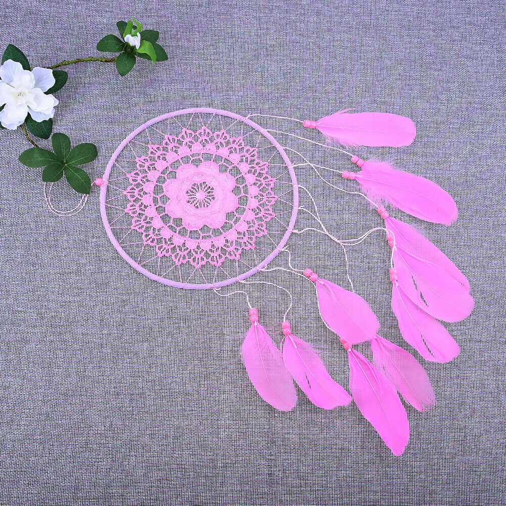 Pink Handmade Lace Dream Catcher Feather Bead Hanging Decoration Ornament @