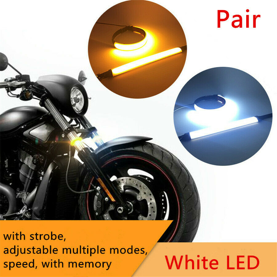2x Universal Motorcycle Fork Turn Signal Light LED Strips Strobe Adjustable Mode