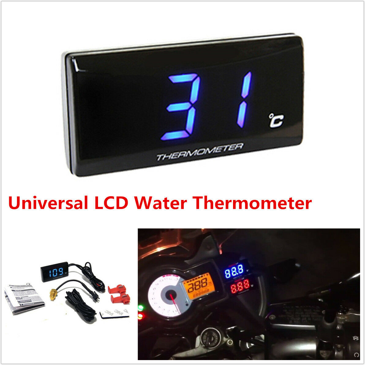 Blue LCD Digital Water Temp Thermometer Gauge Meter For Motorcycle Scooter ATV