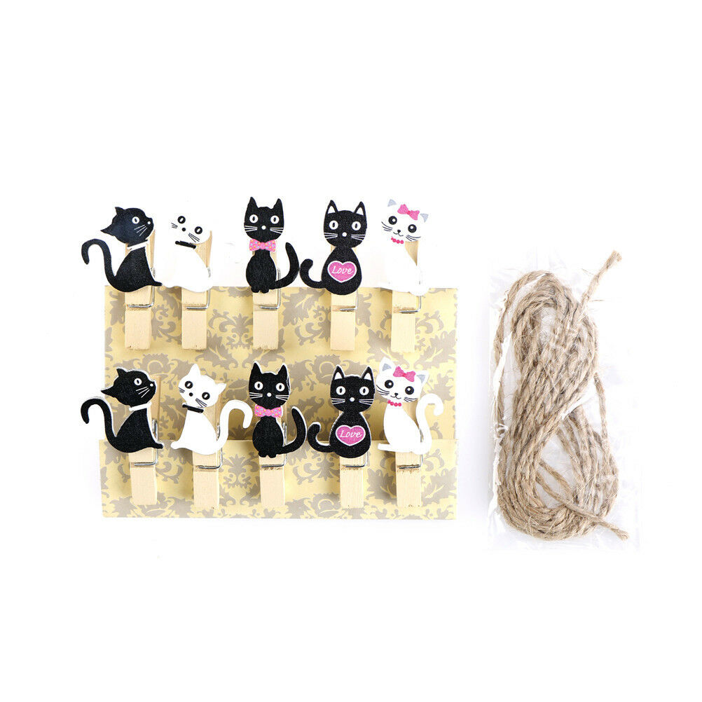 Cat wooden clips with hemp rope photo clip wood paper clip for bag DIY toolsBDAU
