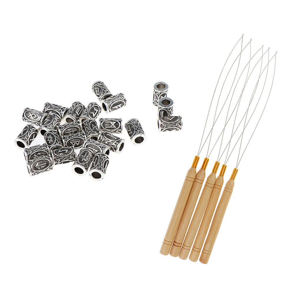 Retro Norse Viking Tunes Dreadlocks Hair Tube Beads 5x Crochet Hooks Loop