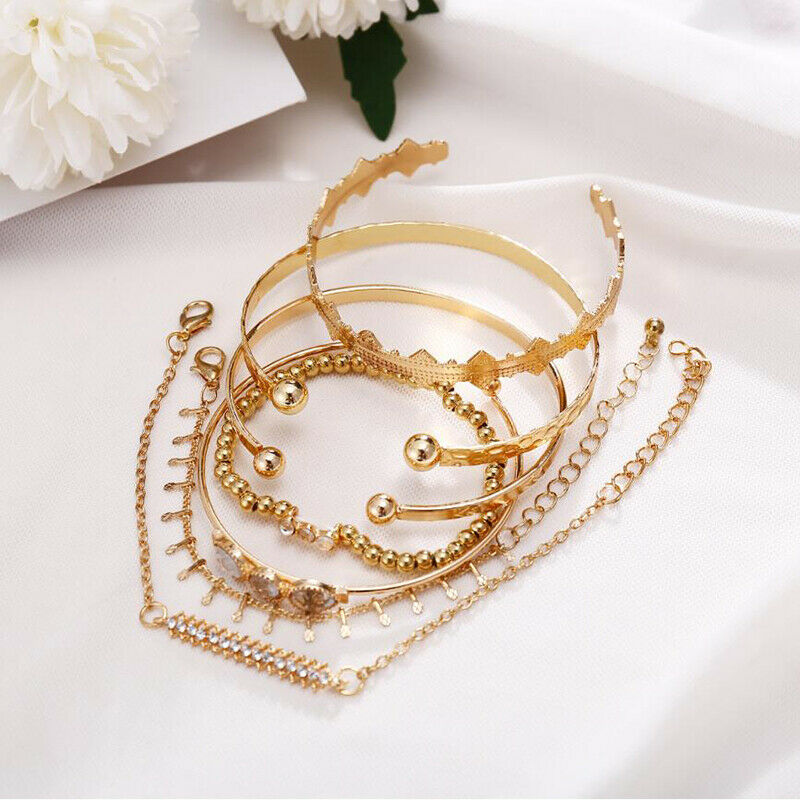 7Pcs/Set Bohemian Retro Crystal Geometry Open Bangle Bracelet Women Jewel.l8