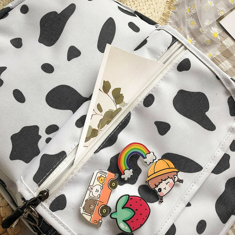 Cow Printed School Bag Women Canvas Casual Rucksack Student Travel Backpack @