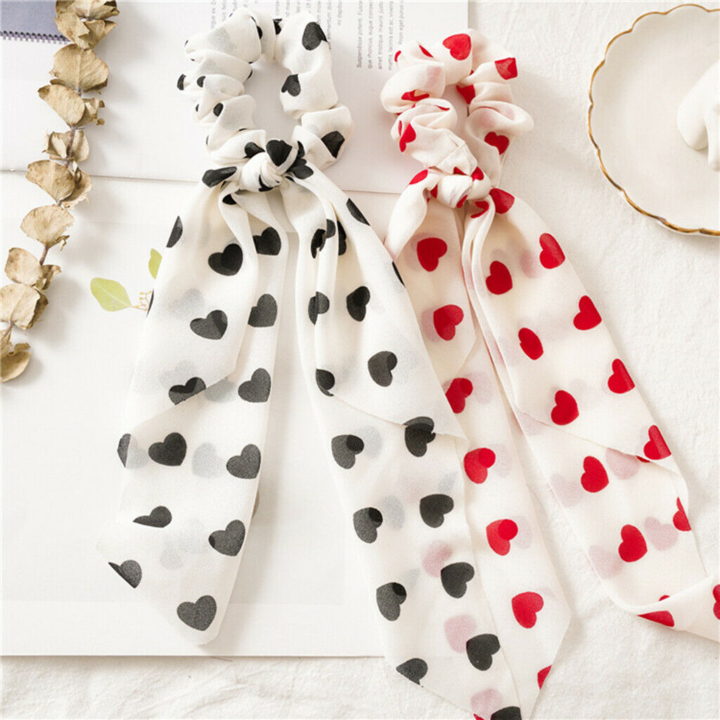 5x Hair Scrunchies Heart Print Wide Ribbon Elastic Hair Ties Updo Tool