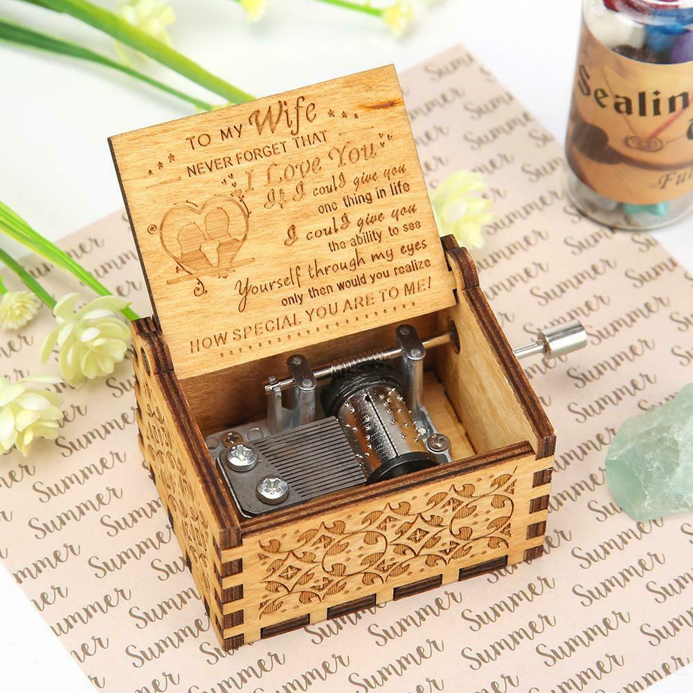 Retro Hand Cranked Music Box Wood Carved Kid Child Birthday Gift Home Decor @