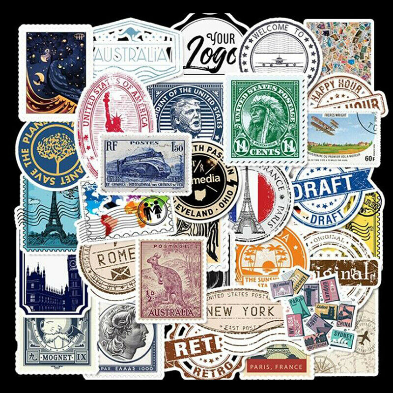 50x Retro Stamp Stickers Skateboard Laptop Luggage Guitar Motorcycle Deca.l8
