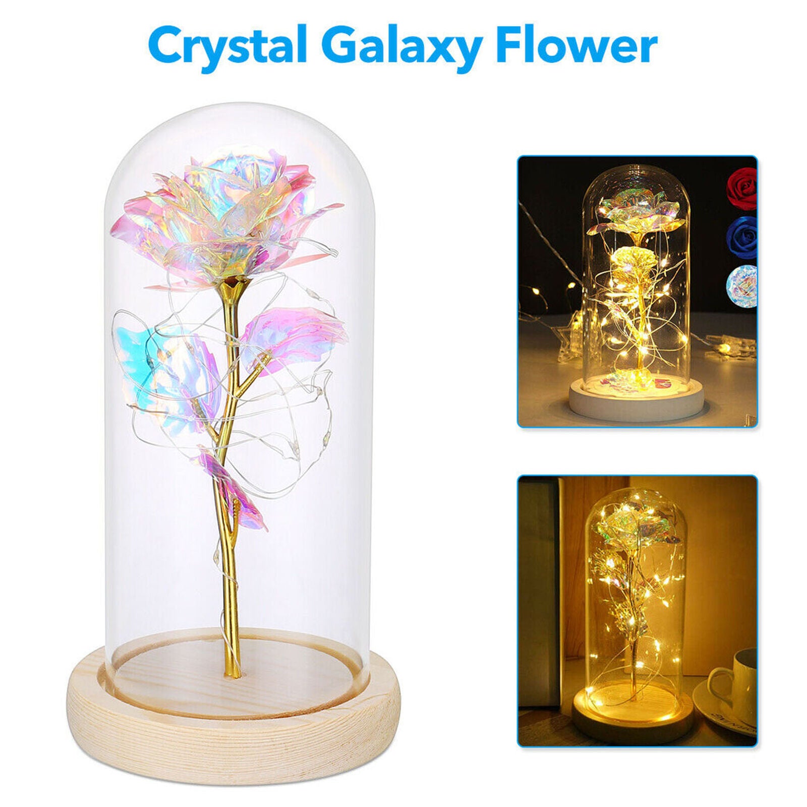 Crystal Galaxy Rose in the Glass Dome 20 Led Lights Gift for Girlfriend Mom Wife