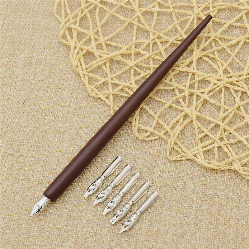 1x Novelty Wood Dig Pen + 5 Nibs Copperplate English Calligraphy Nice Stationery