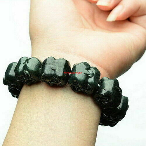 Certified Natural Hetian Dark Green Jade Happy Buddha Head Bead Bangle Bracelet