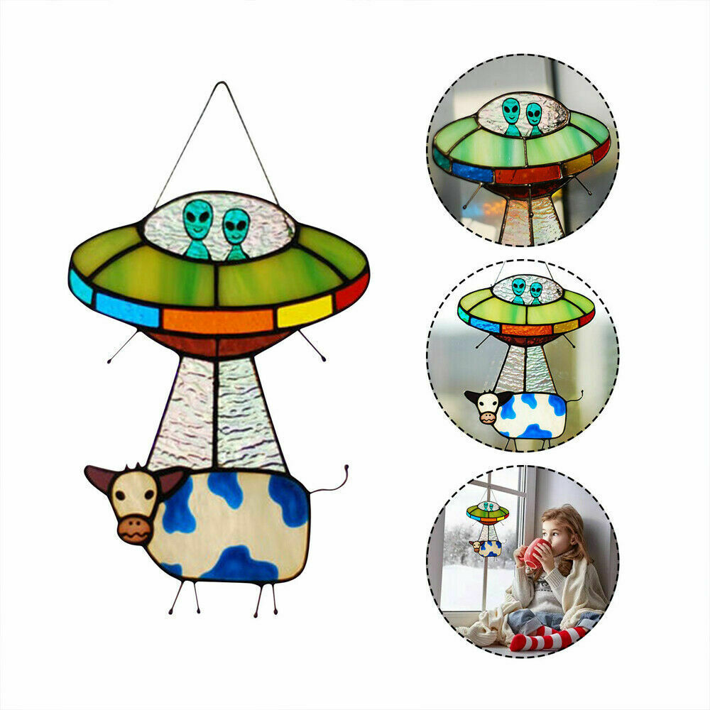 Creative Alien Cow Pendant Stained Glass Suncatcher Window DIY Garden Decoration