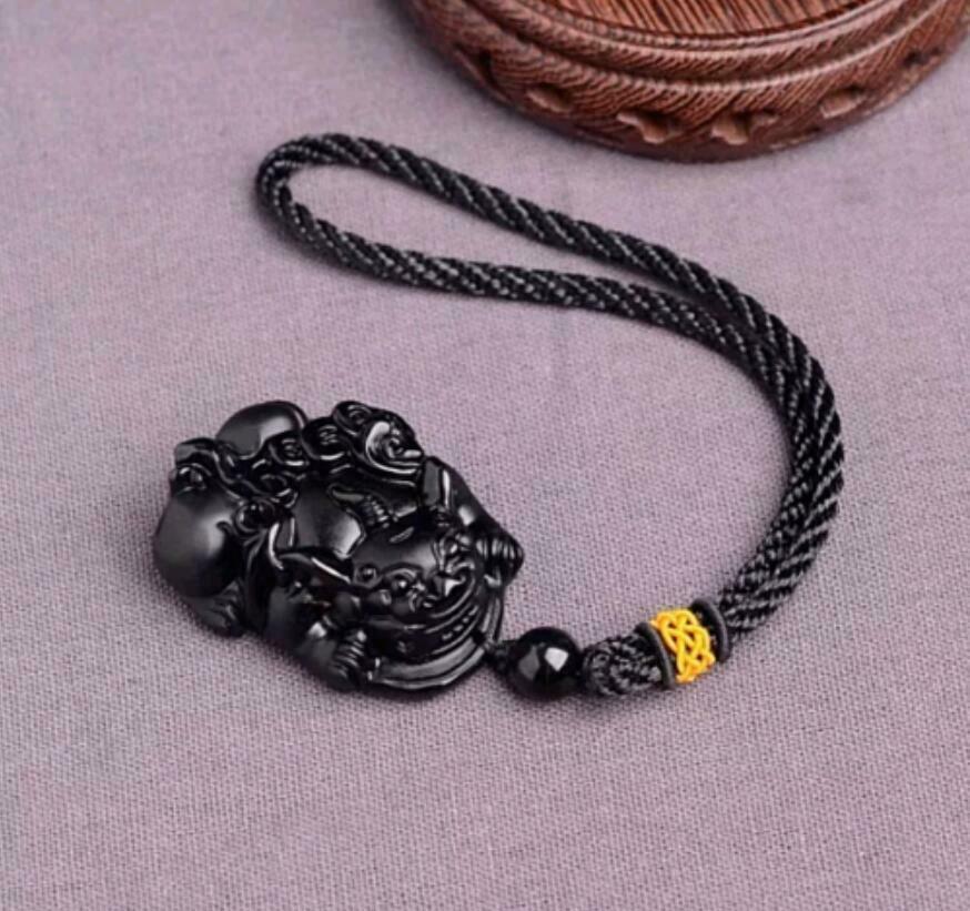 Natural Black Obsidian Hand Carved Chinese PiXiu Amulet Lucky Blessing Pendant