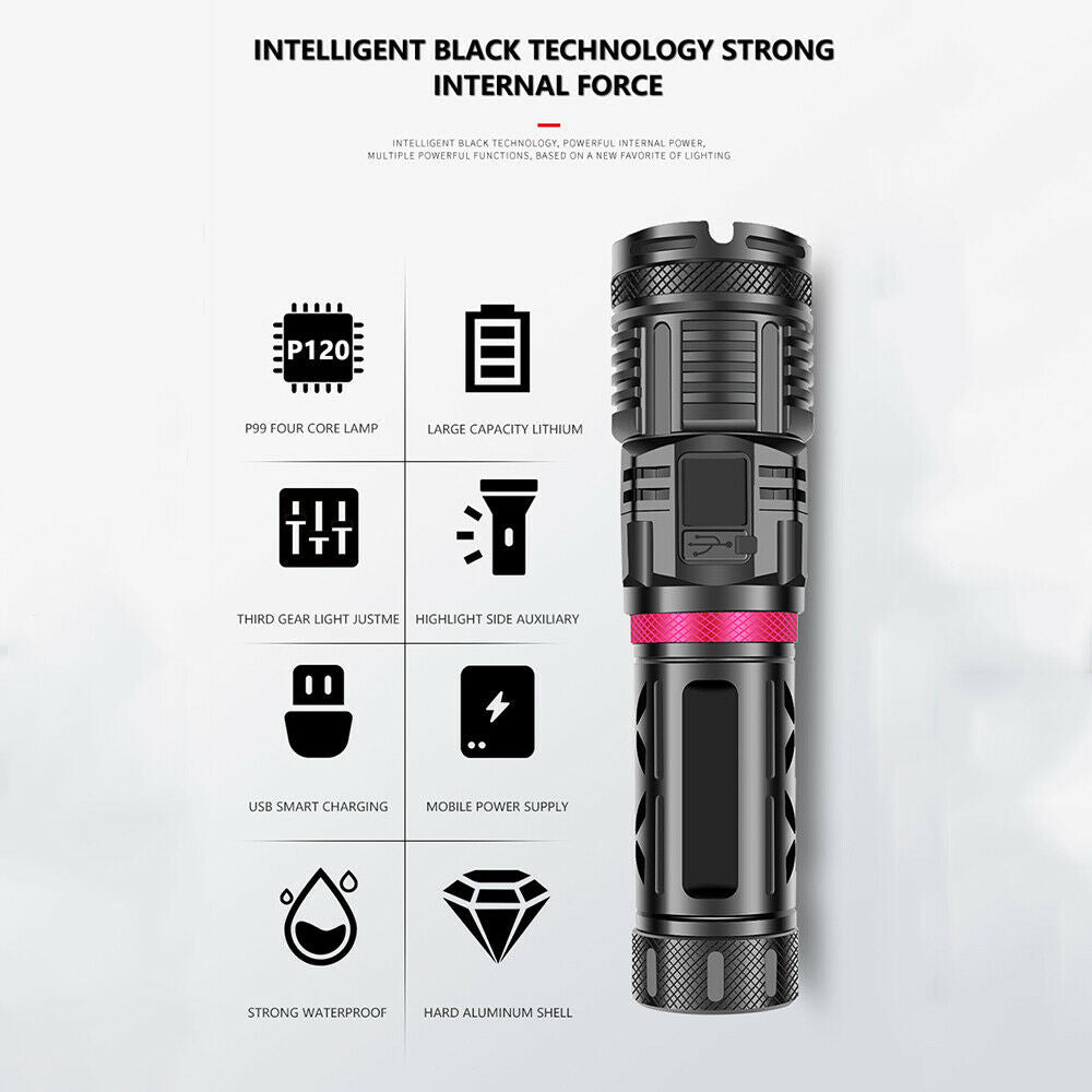 XPE120 COB LED Zoomable USB Rechargeable Flashlight Waterproof Torch Work Light
