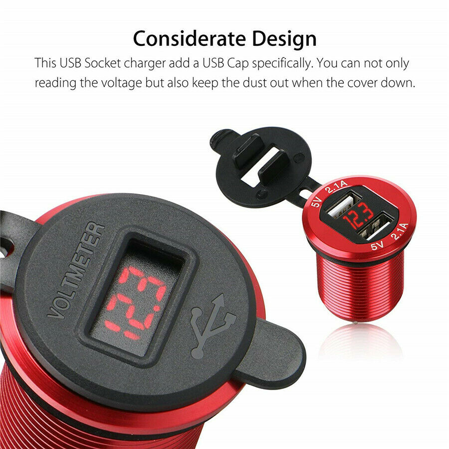 Waterproof Dual USB Charger Car Cigarette Lighter Socket 5V/ 2.1 A LED Voltmeter