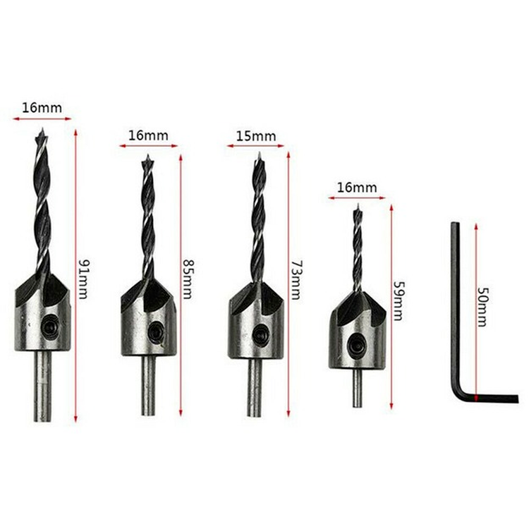 4x Countersink Drill Bit Set Hex Shank HSS Woodworking Pilot-Screw Holes Set