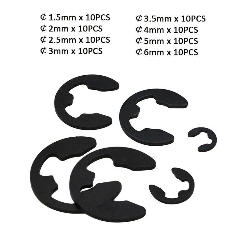 80pc M1.5,2,2.5~6 E-Clips Snap Ring Circlips Retaining Kit - Black Zinc Plated