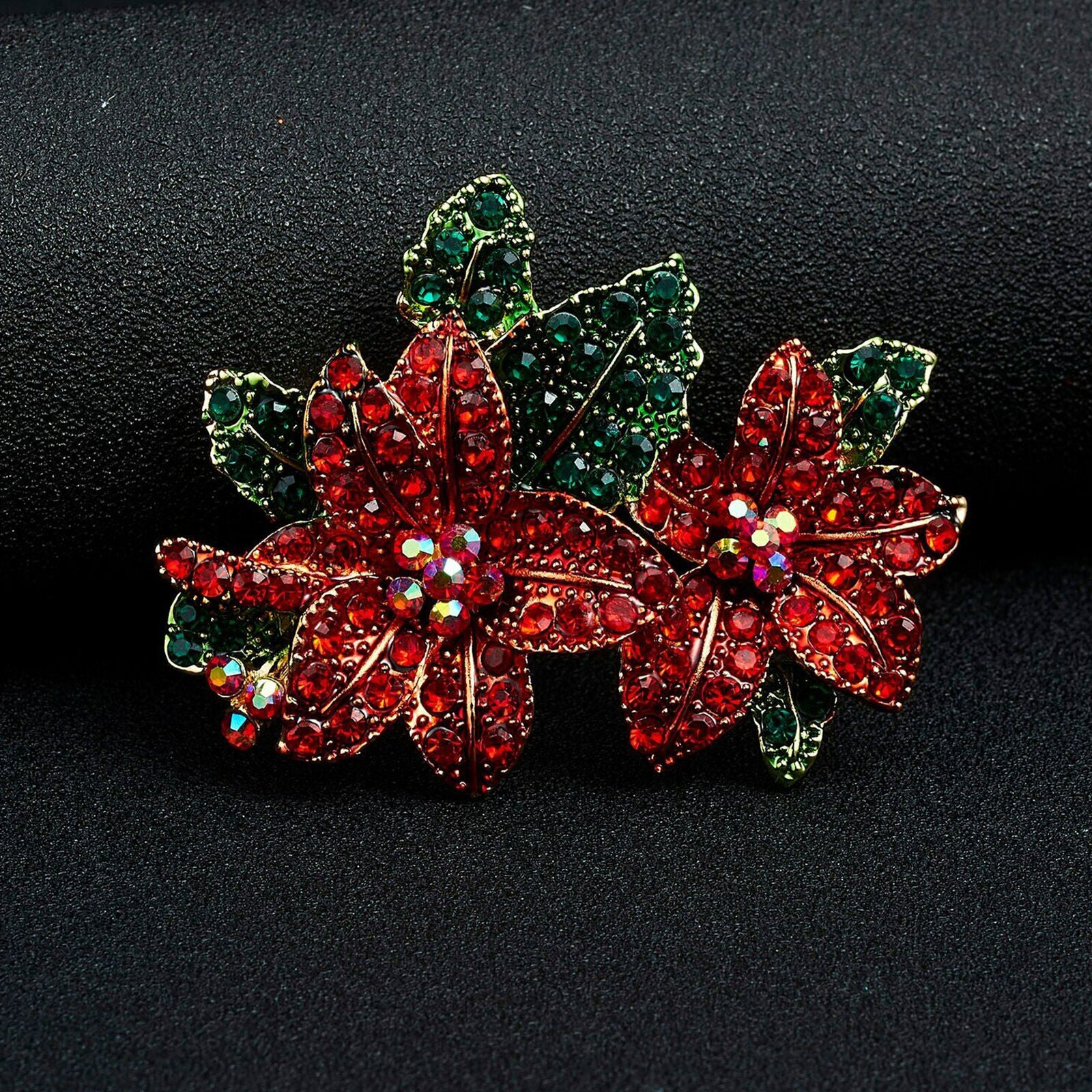 Deluxe Handcrafted Rhinestone Poinsettias Christmas Brooch PinNew