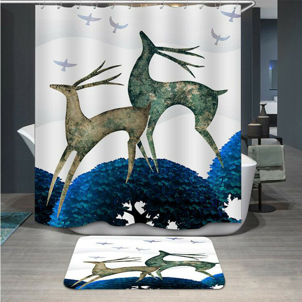 Polyester Shower Curtain 12 Hooks Digital printing cartoon elk Blue left