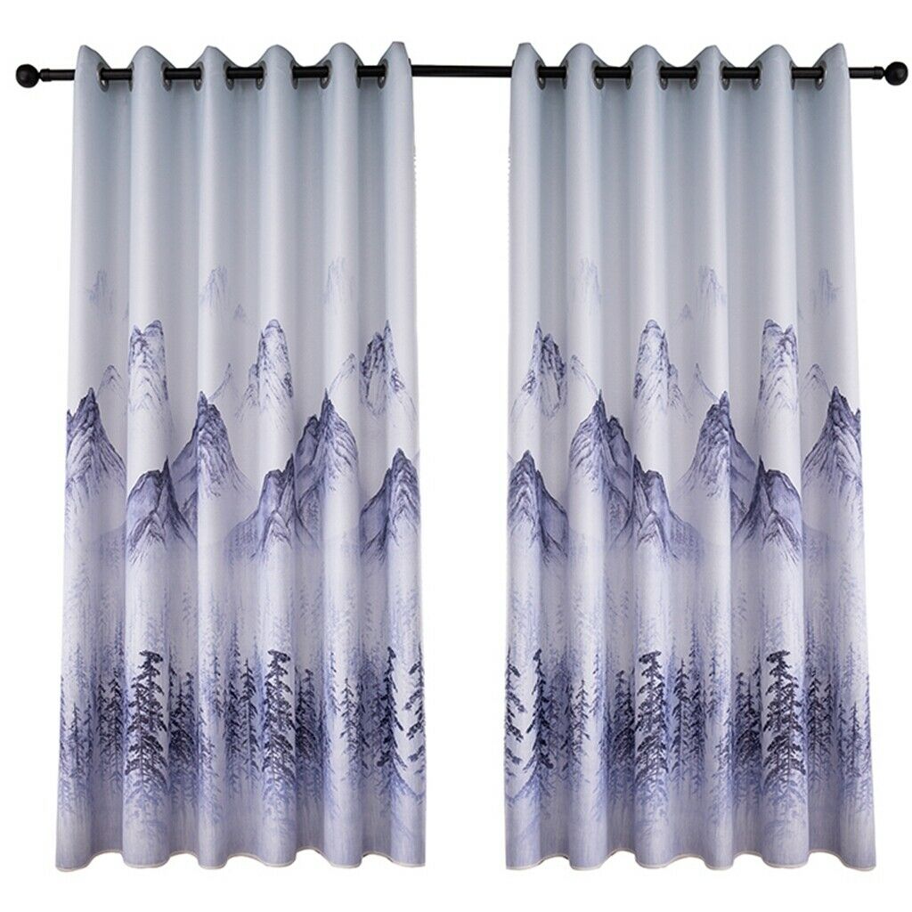 Punching Thicken Printing Curtain Blackout Drapes100x200cm Blue landscape