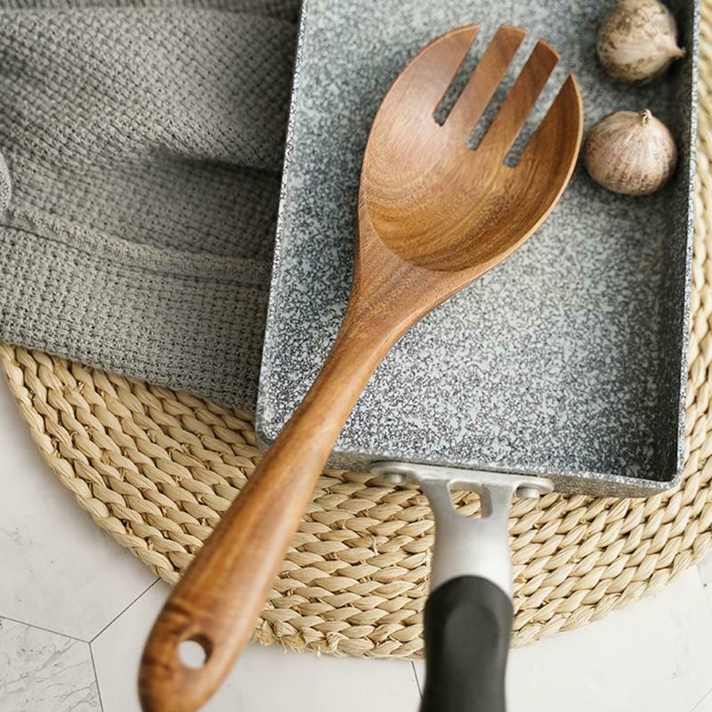 2Pcs Wooden Salad Servers Spoon Fork Set Long Handle Cooking Untensil Cutlery