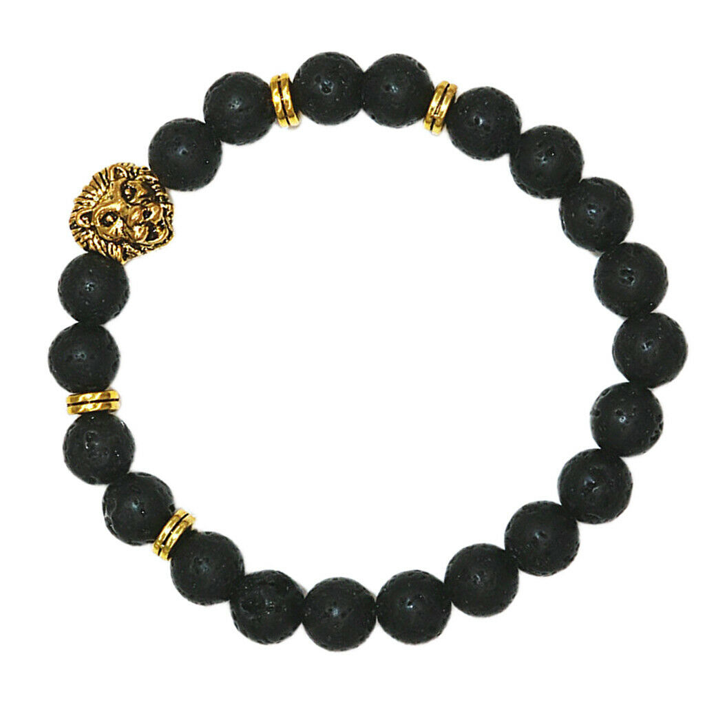 Fashion Women Men Black Lava Stone Beaded Charm Bracelet Jewelry Lion Head