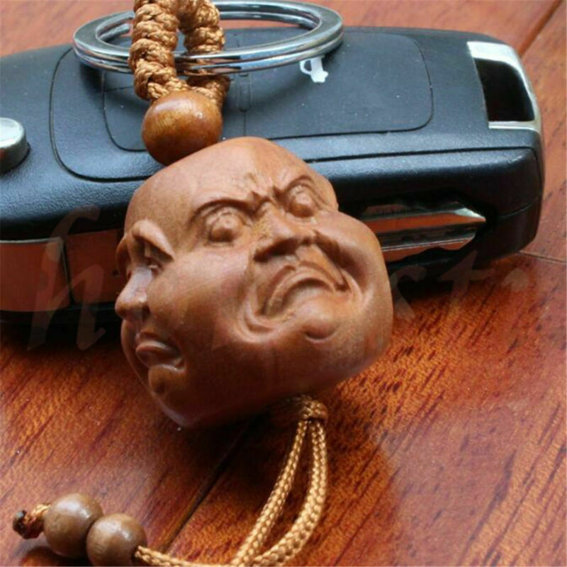 Wood Carving Chinese Feng shui Four Face Happy Buddha Head Statue Key Chain Ring