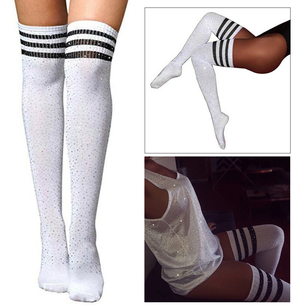 2Pairs Cotton Stripes Rhinestone Over Knee High Socks Casual Party Stockings