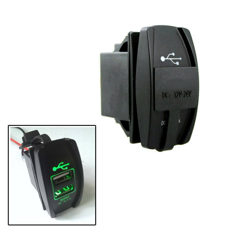 Dual USB Power Charger Toggle Rocker Switch Green LED Light Waterproof Car Boat