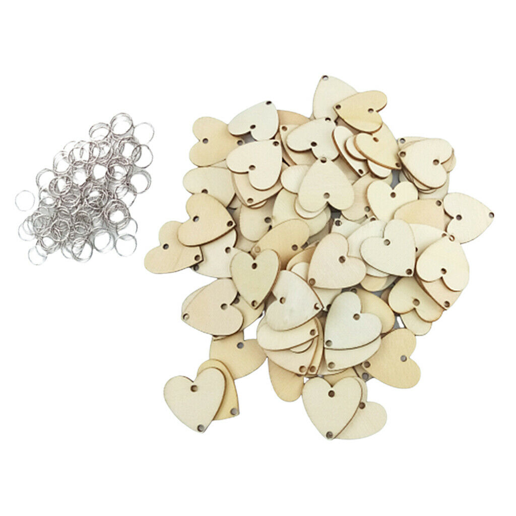 100x Unfinished Wooden Pieces Love Heart Wood Slices Shapes Discs w/ Metal Rings